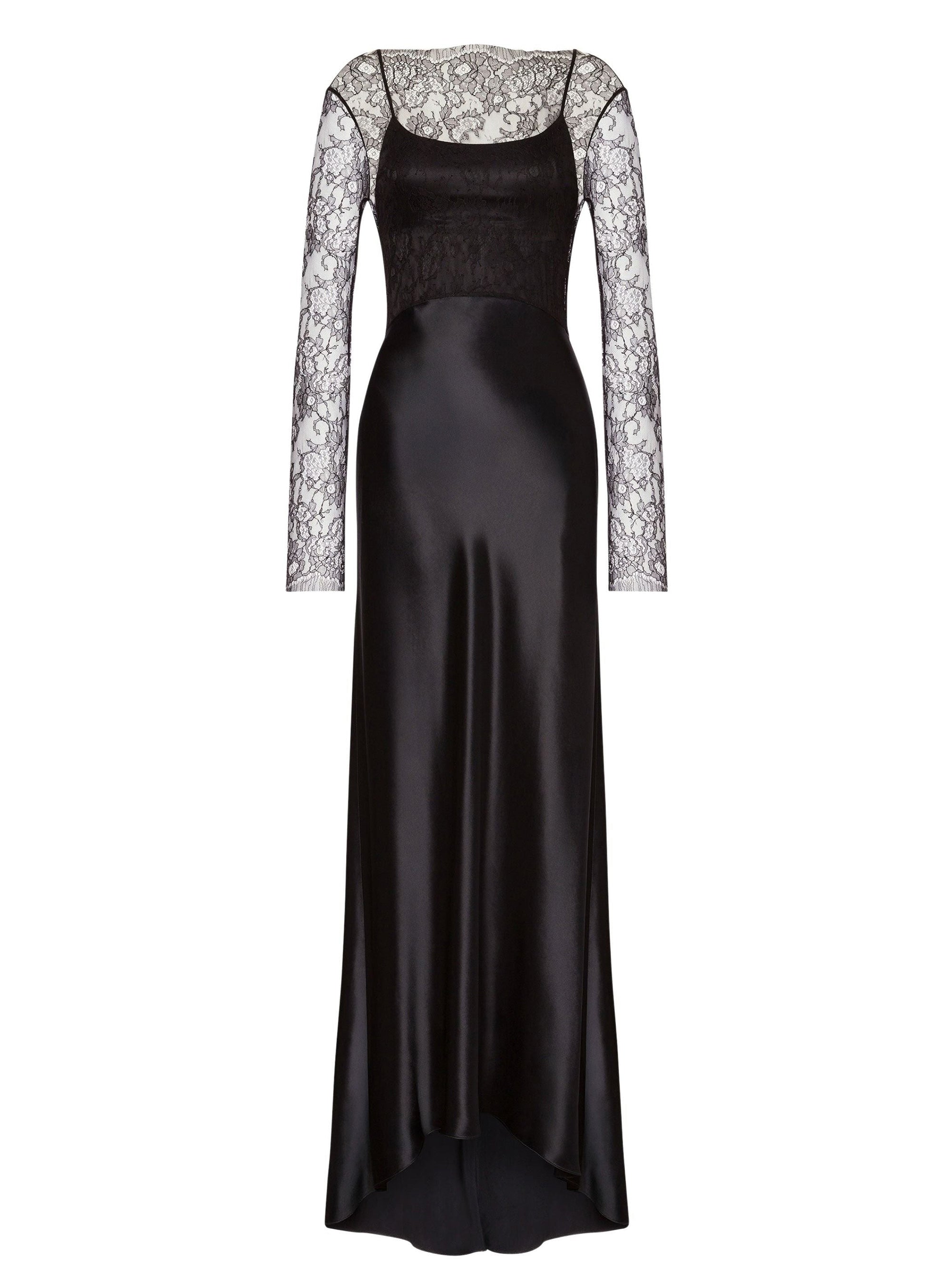 Robe longue en satin brillant et dentelle - Black