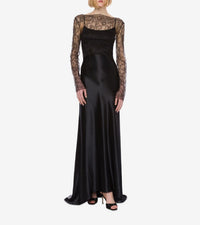 Robe longue en satin brillant et dentelle - Black