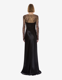 Robe longue en satin brillant et dentelle - Black