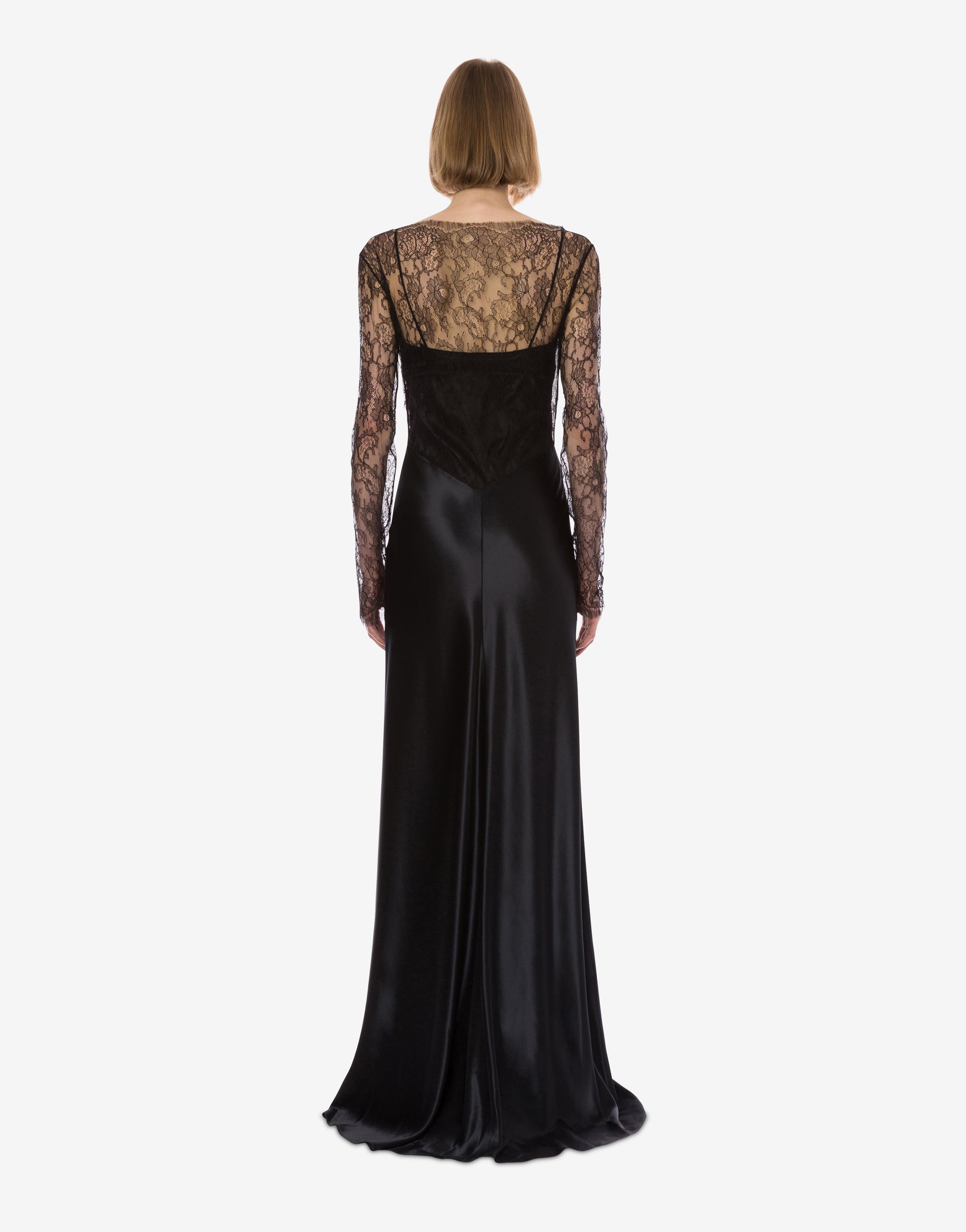Robe longue en satin brillant et dentelle - Black