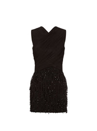 Robe courte ornée de franges de perles en laine - Black