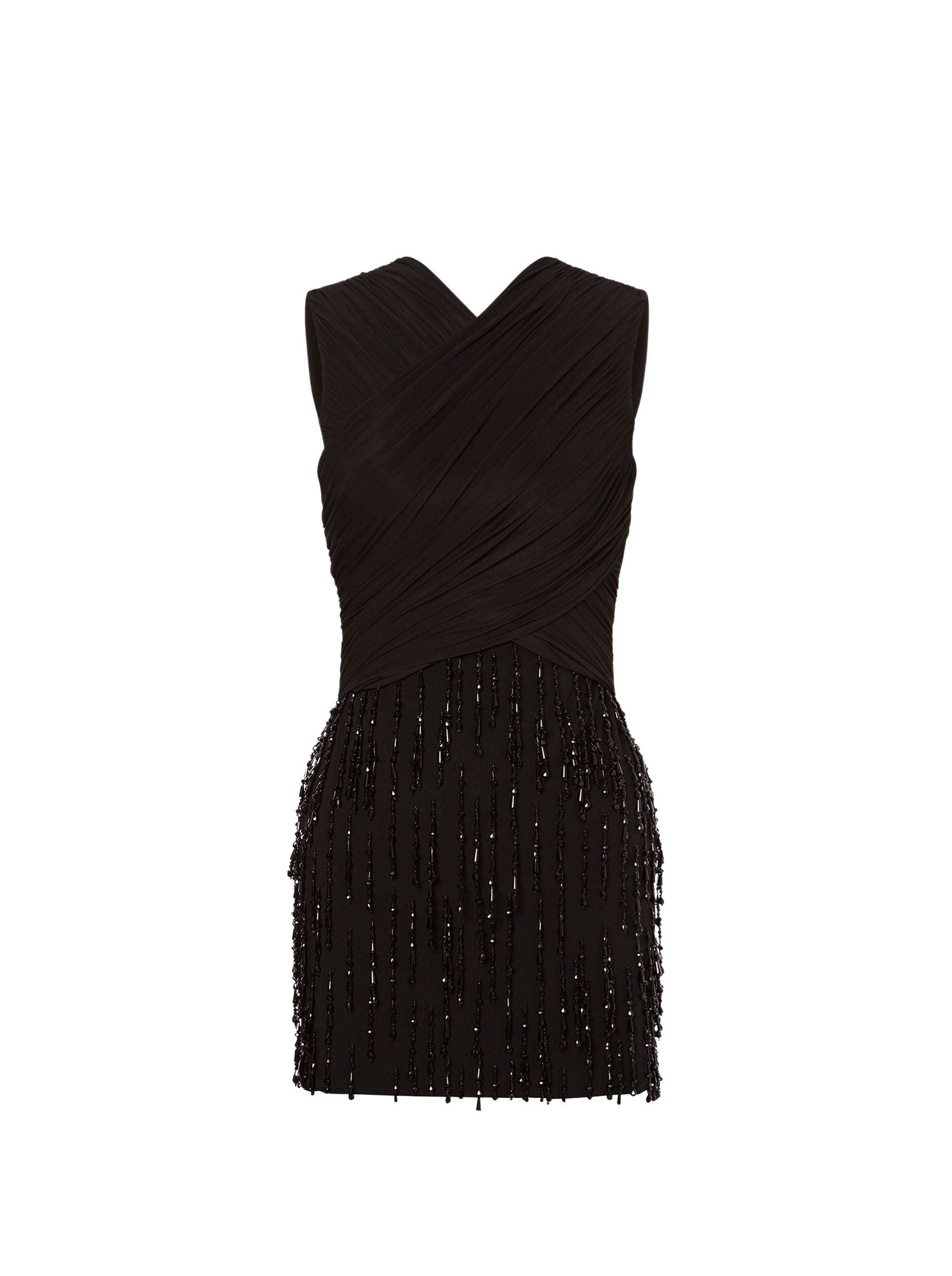 Robe courte ornée de franges de perles en laine - Black