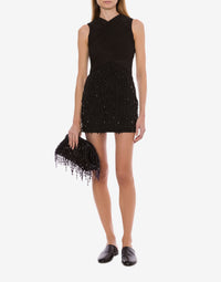 Robe courte ornée de franges de perles en laine - Black