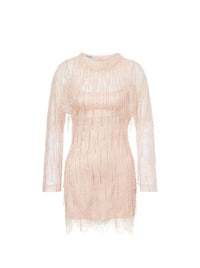 Robe courte en dentelle avec franges perlées - Pink