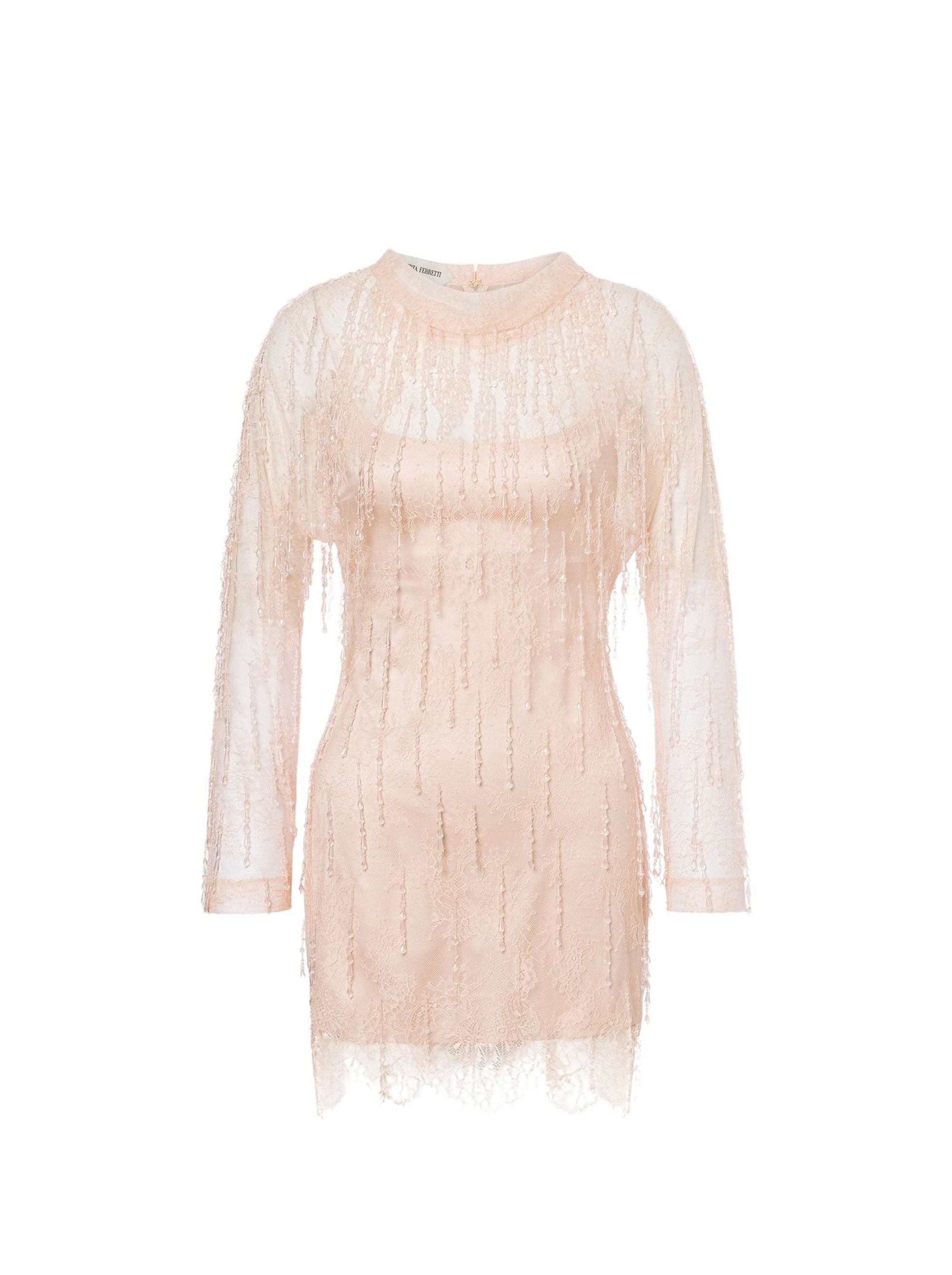 Robe courte en dentelle avec franges perlées - Pink