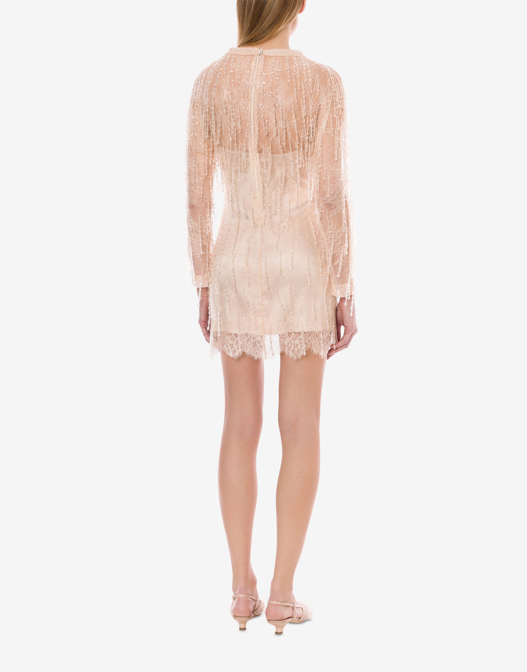 Robe courte en dentelle avec franges perlées - Pink