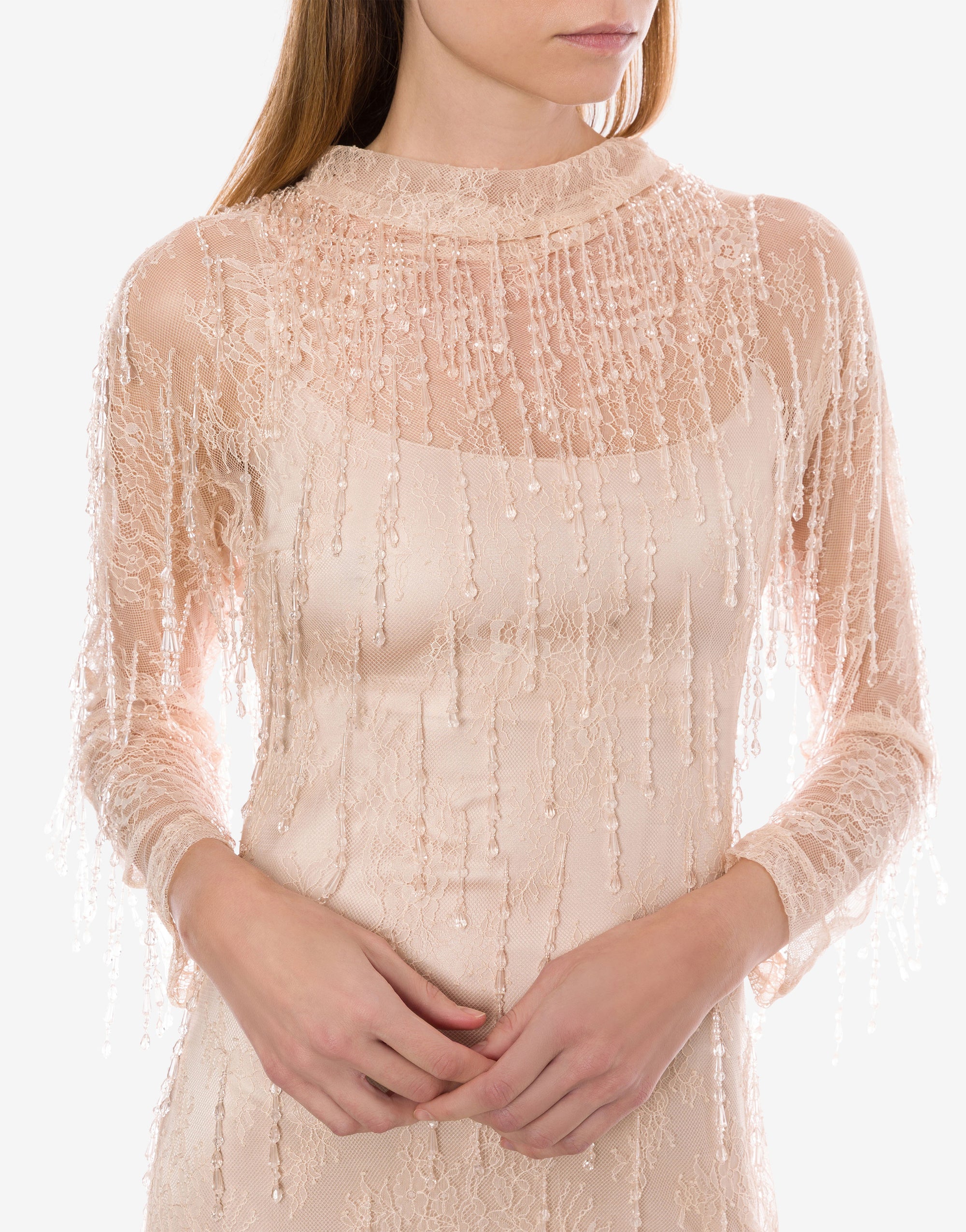 Robe courte en dentelle avec franges perlées - Pink
