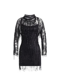 Robe courte en dentelle avec franges perlées - Black