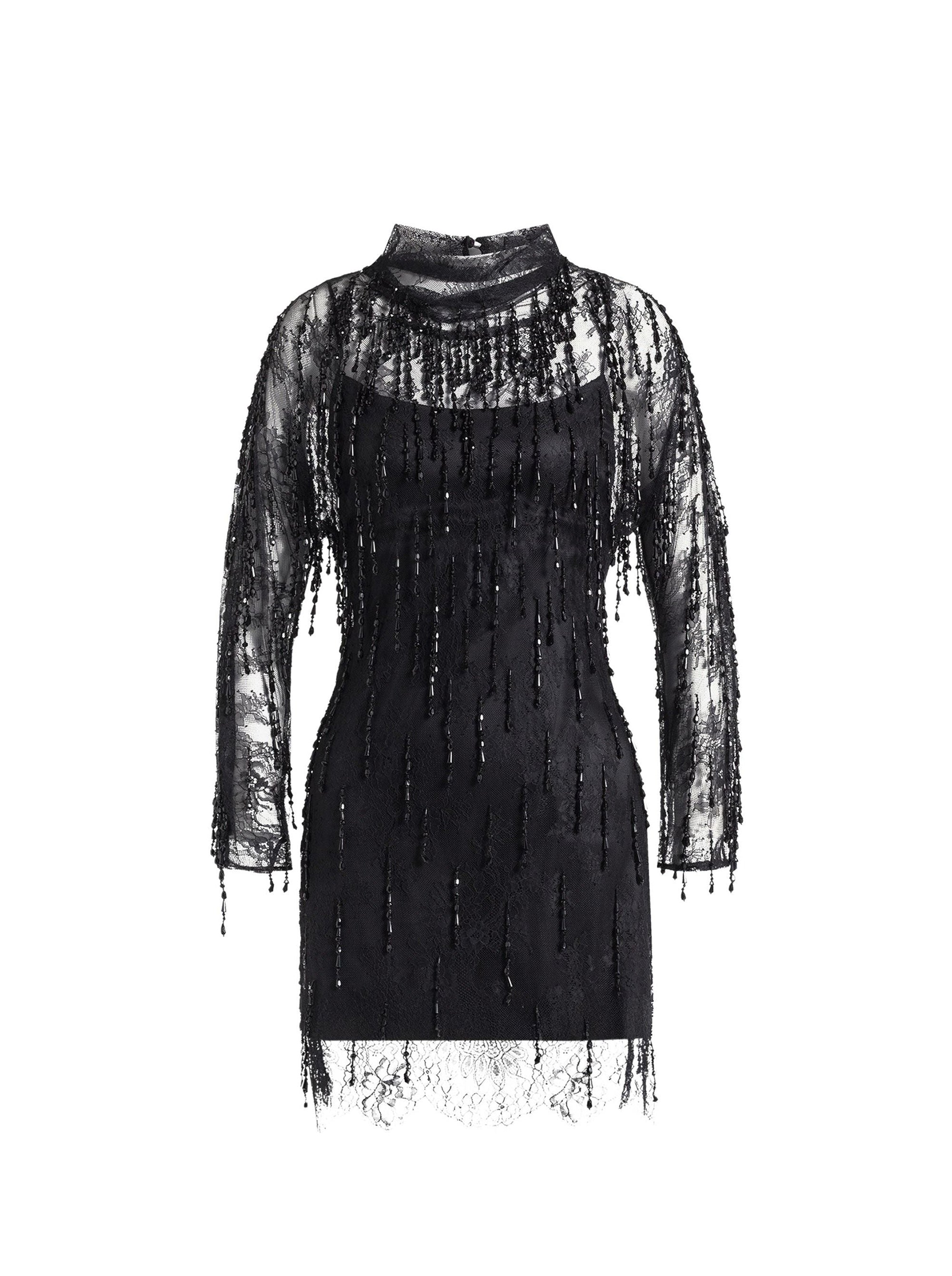 Robe courte en dentelle avec franges perlées - Black