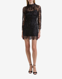 Robe courte en dentelle avec franges perlées - Black