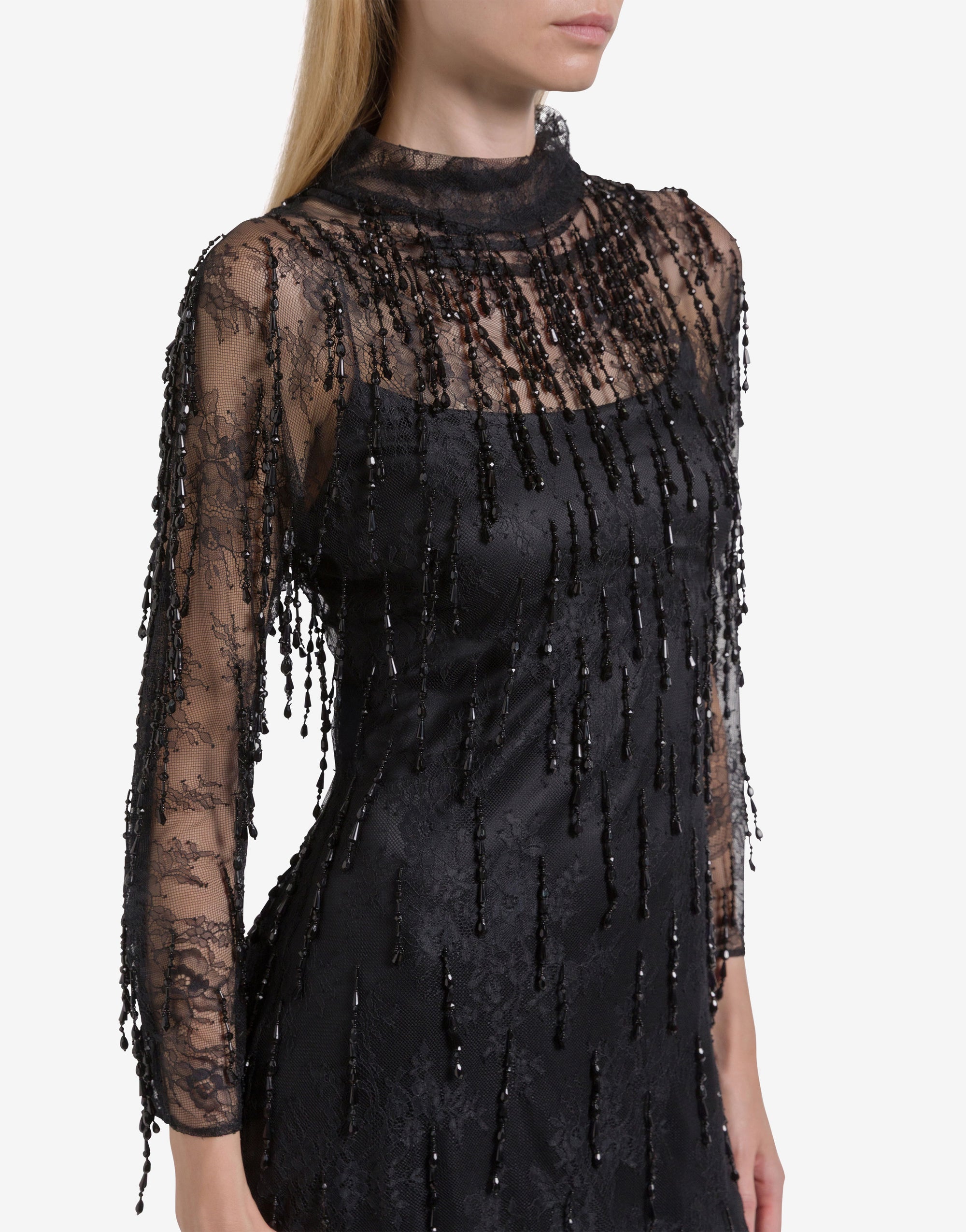 Robe courte en dentelle avec franges perlées - Black