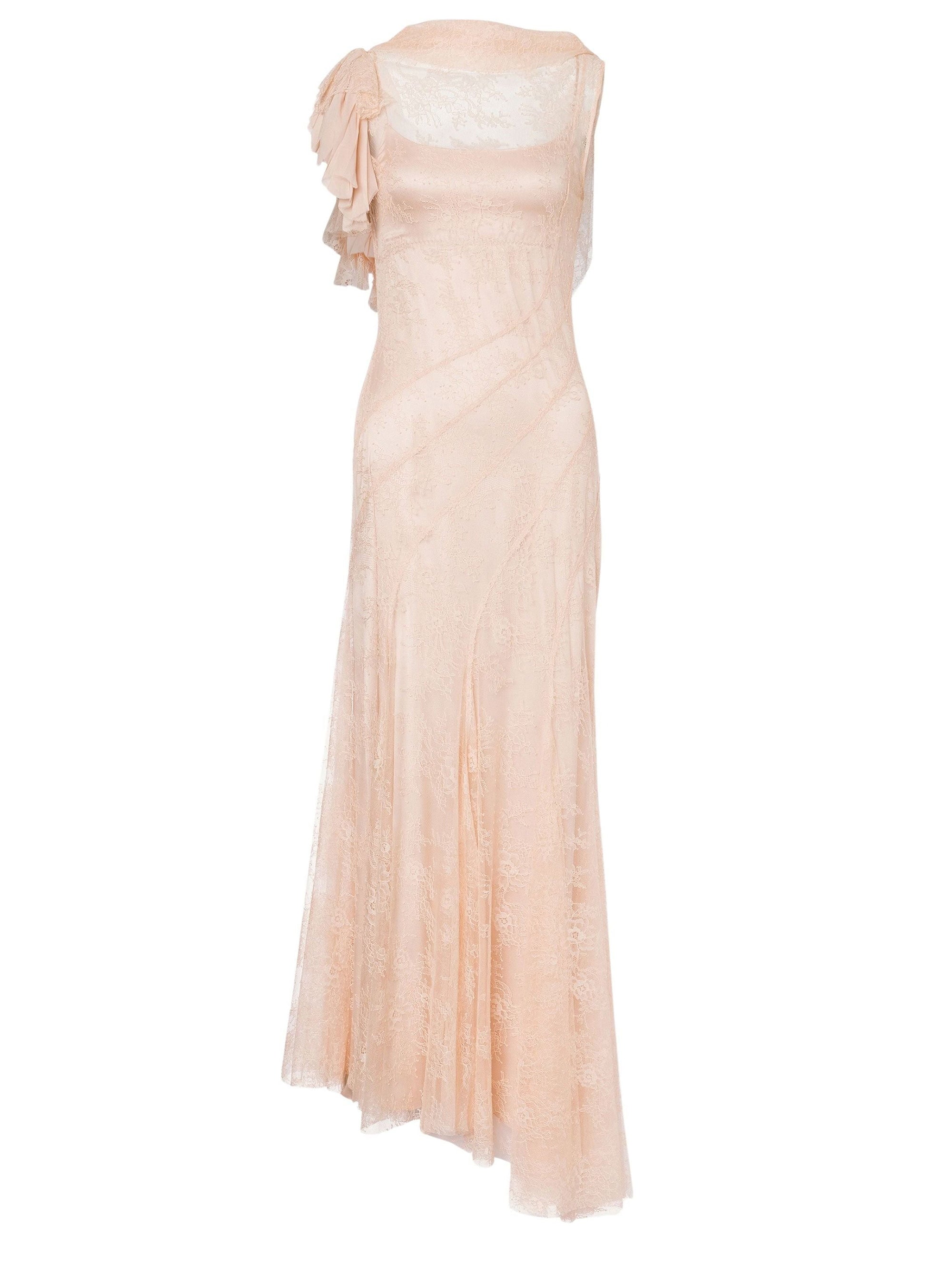 Robe longue en dentelle avec volants sur le dos ouvert - Pink