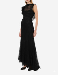 Robe longue en dentelle avec volants sur le dos ouvert - Black