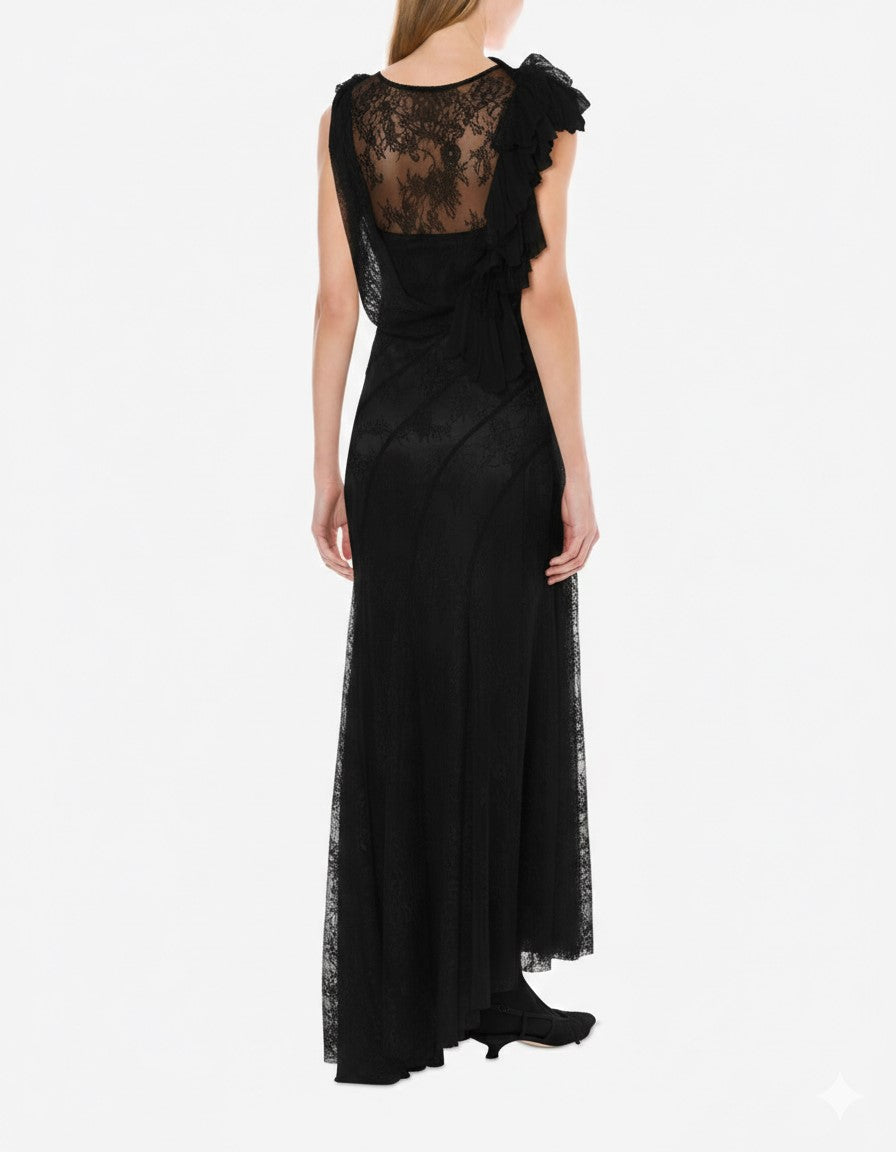 Robe longue en dentelle avec volants sur le dos ouvert - Black