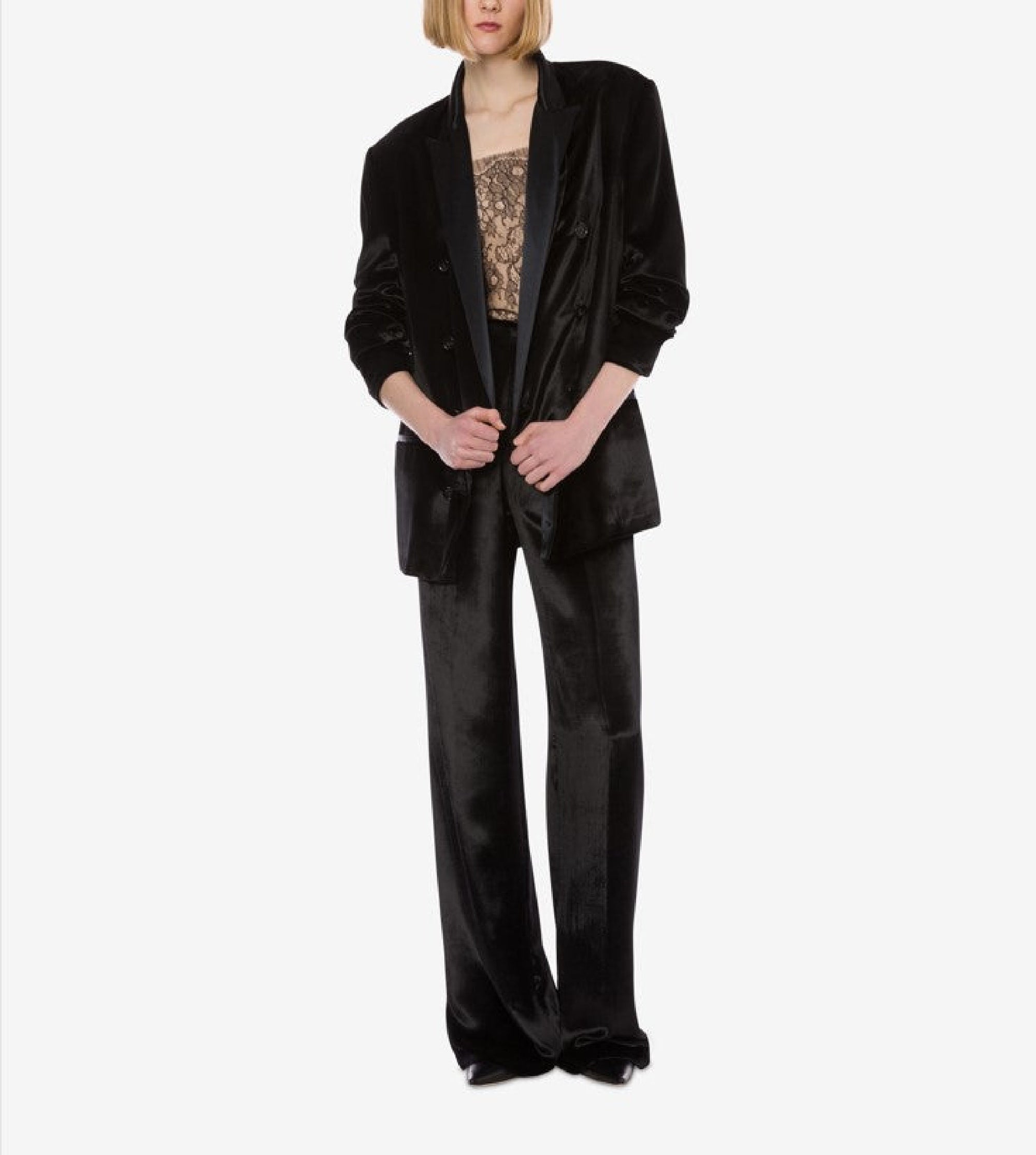 Double breasted shiny velvet blazer - Black