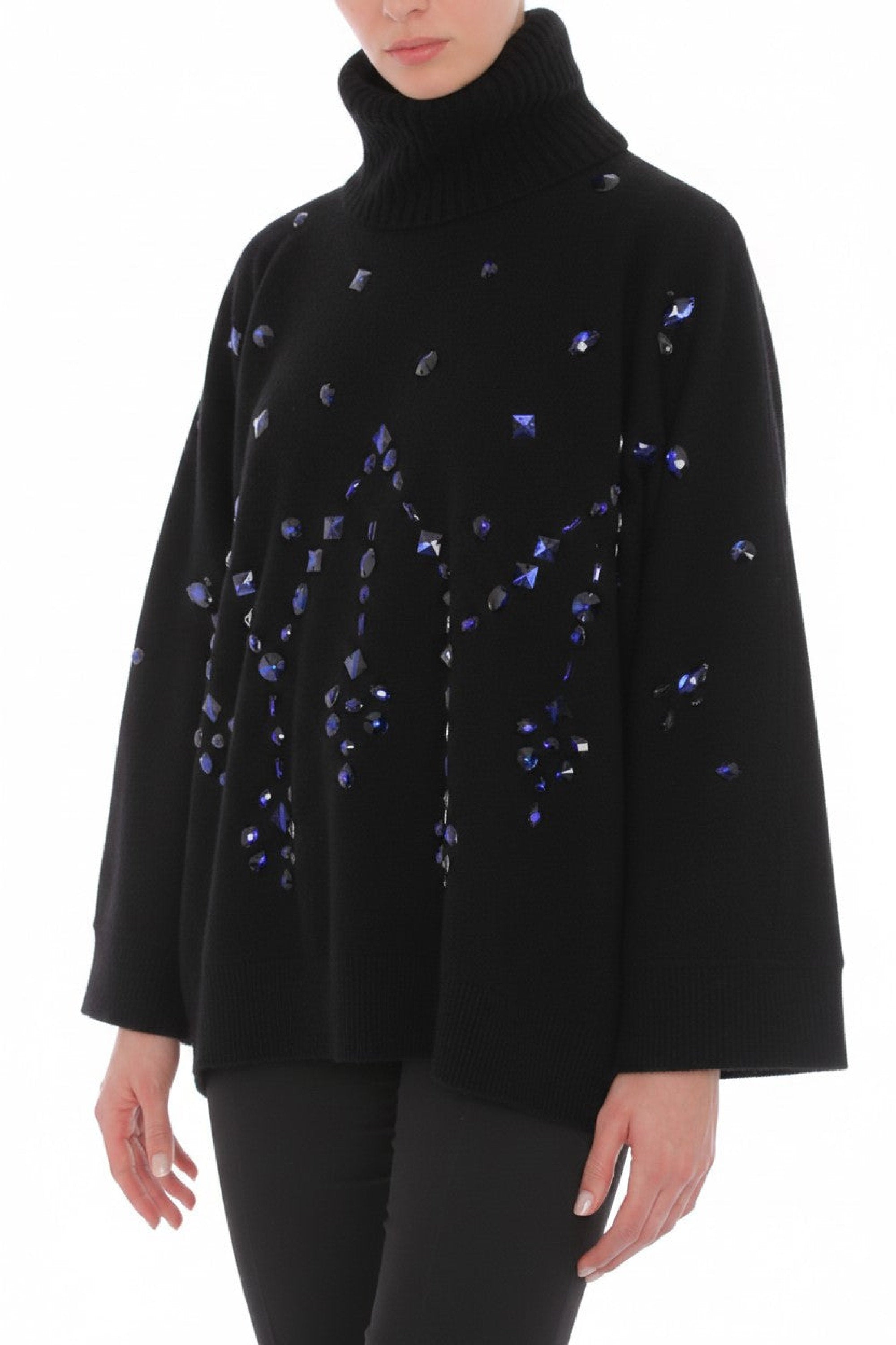 Pull col roulé en maille orné de perles en laine - Black