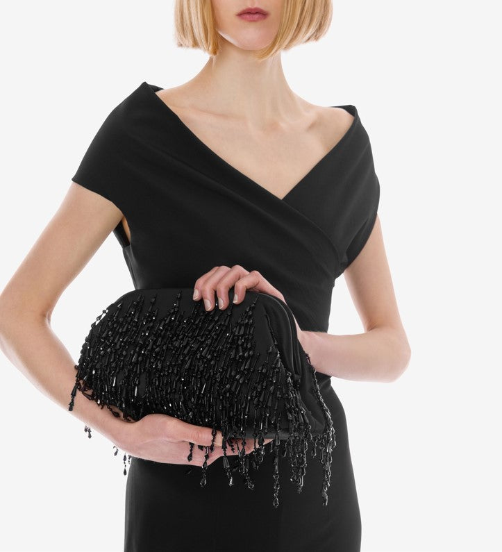 Sac en soie mélangée avec franges perlées - Black