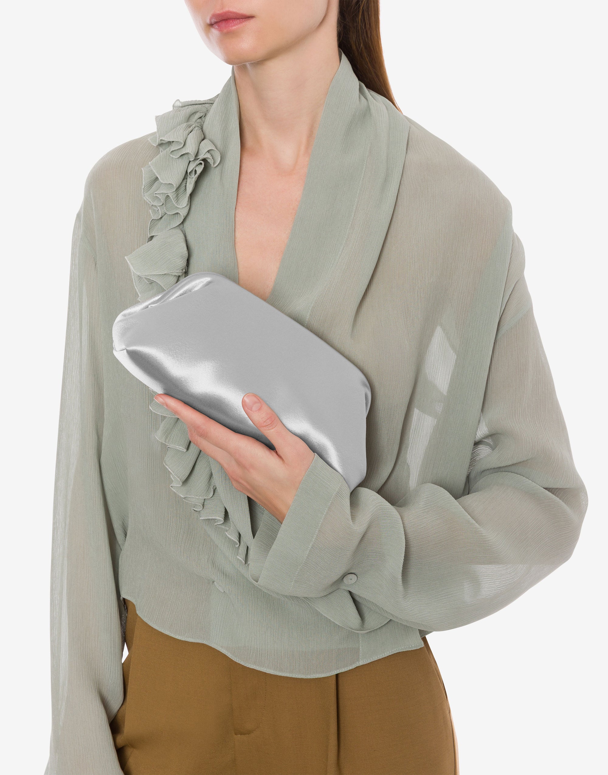 Mini pochette en satin brillant - Ice Grey