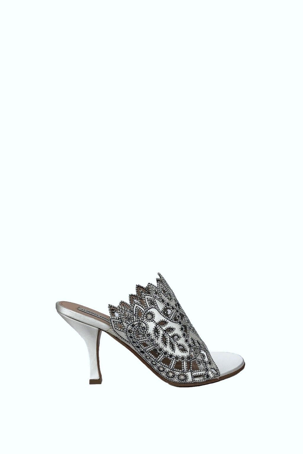 Mules en satin avec broderie anglaise - White