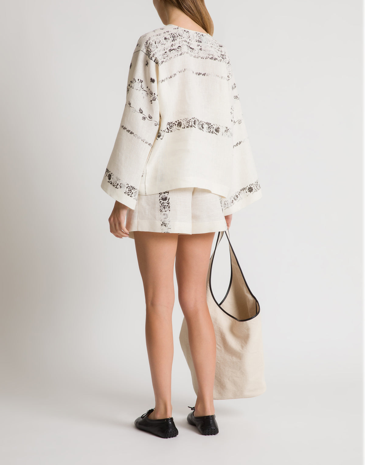 Chemise en lin imprimé à encolure en V profonde - Ivory