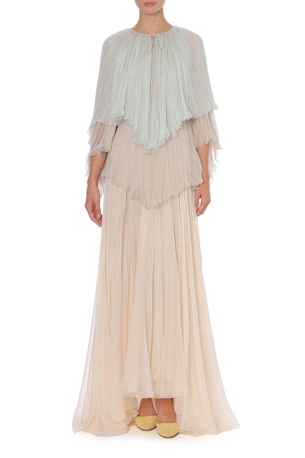 Robe longue en mousseline plissée à volants - Pink