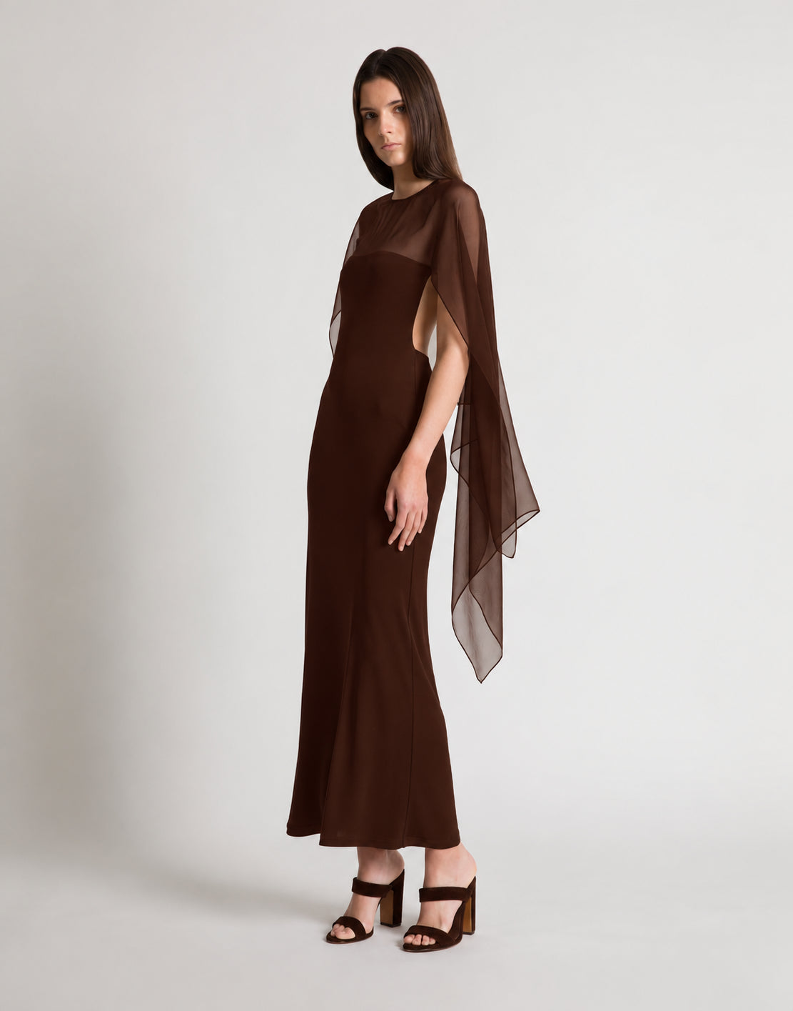 Robe longue à manches en mousseline - Brown