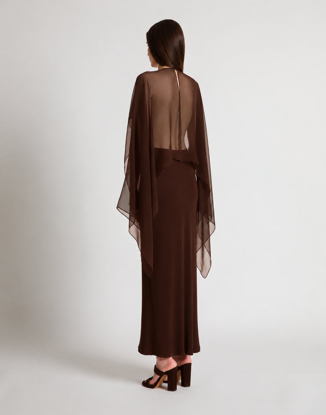 Robe longue à manches en mousseline - Brown