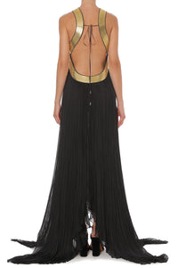 Long robe en mousseline plissée avec broderies métalliques - Black