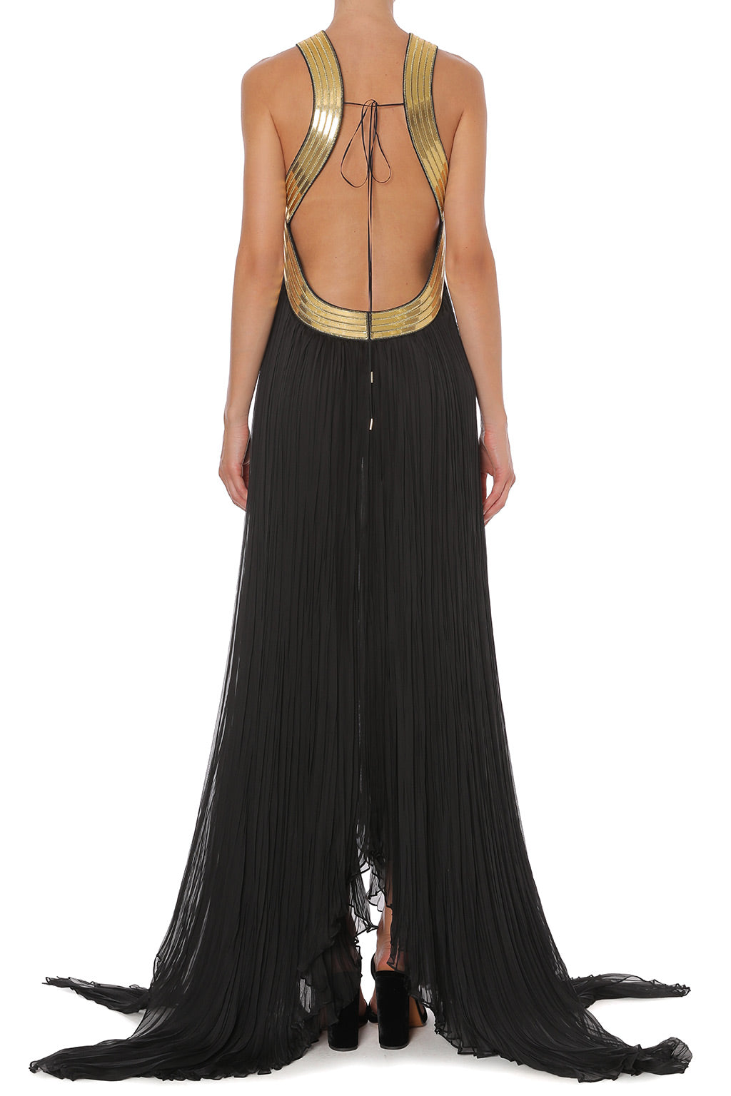 Long robe en mousseline plissée avec broderies métalliques - Black