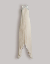 Long robe en mousseline plissée avec broderies métalliques - Ivory