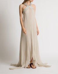 Long robe en mousseline plissée avec broderies métalliques - Ivory