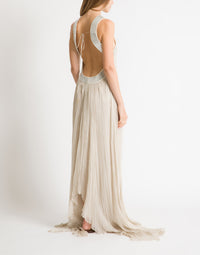 Long robe en mousseline plissée avec broderies métalliques - Ivory