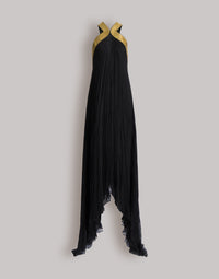 Long robe en mousseline plissée avec broderies métalliques - Black