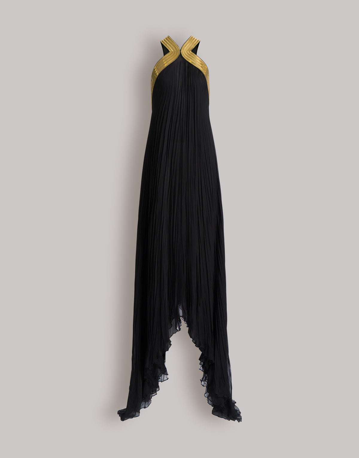 Long robe en mousseline plissée avec broderies métalliques - Black