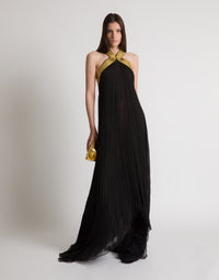 Long robe en mousseline plissée avec broderies métalliques - Black