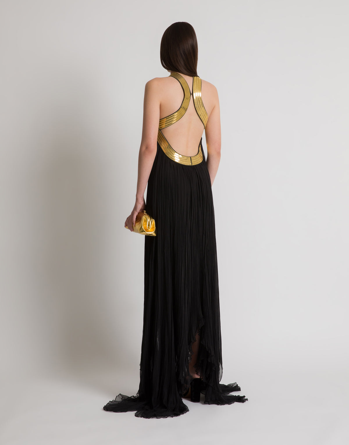 Long robe en mousseline plissée avec broderies métalliques - Black