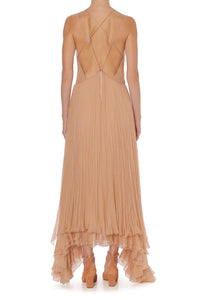 Robe longue en mousseline plissée - Beige