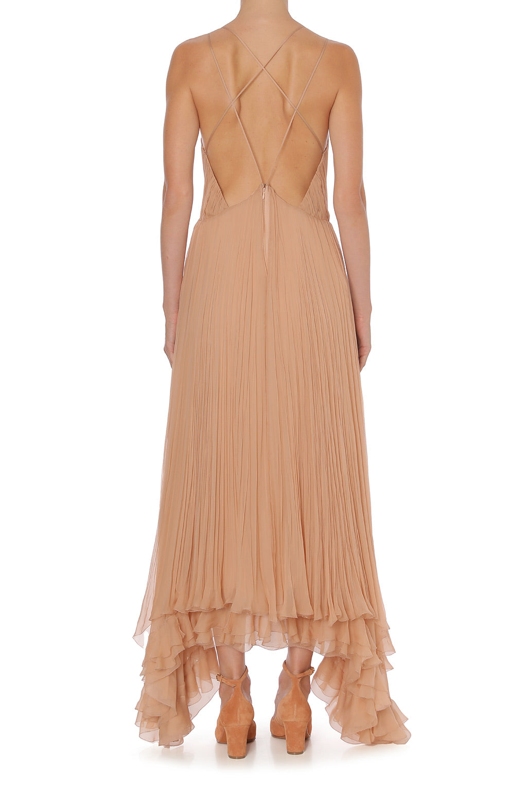 Robe longue en mousseline plissée - Beige