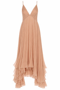Robe longue en mousseline plissée - Beige