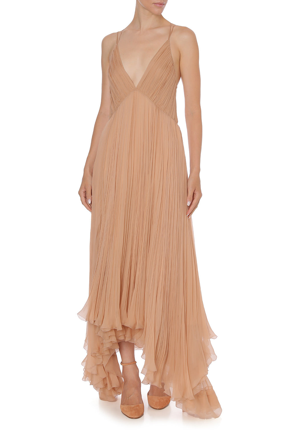 Robe longue en mousseline plissée - Beige