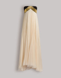 Long robe en mousseline plissée avec broderies métalliques - Ivory