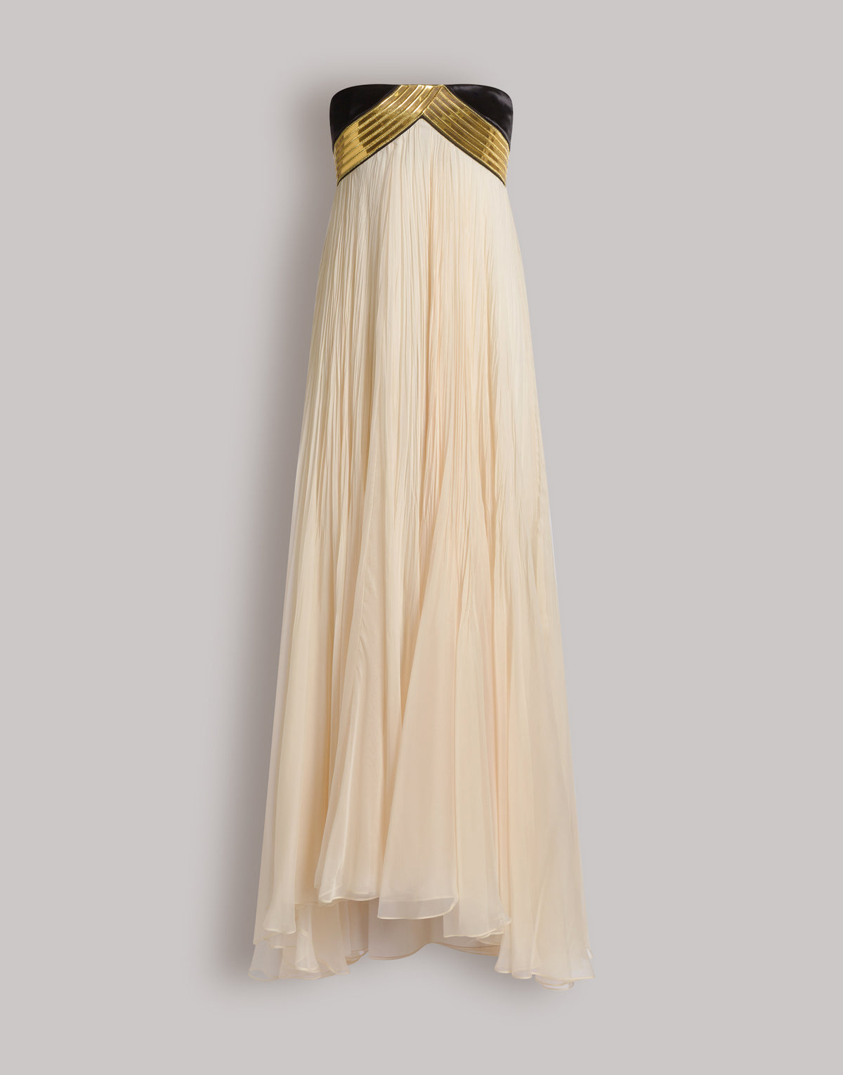 Long robe en mousseline plissée avec broderies métalliques - Ivory