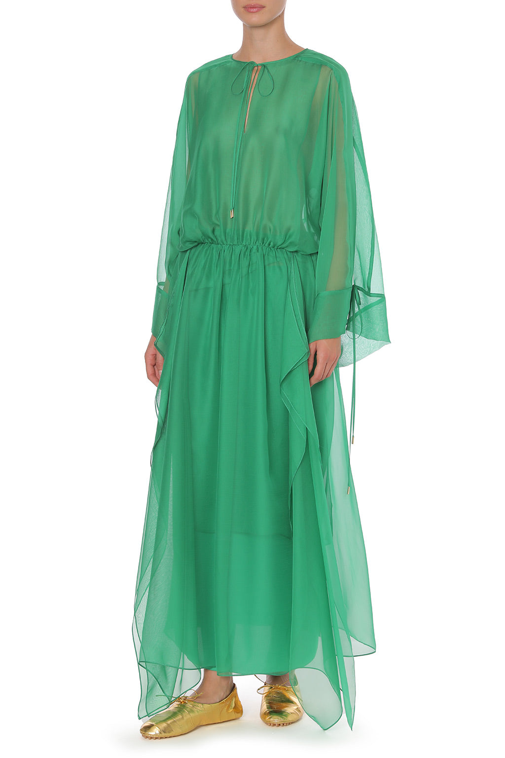 Robe Longue Transparente à Encolure Coulissée - Bottle green