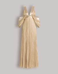 Robe longue en soie plissée avec détail doré - Beige