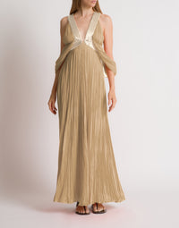 Robe longue en soie plissée avec détail doré - Beige
