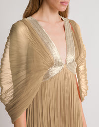 Robe longue en soie plissée avec détail doré - Beige