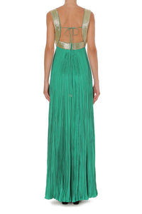 Long robe en soie avec broderies dorées - Bottle green