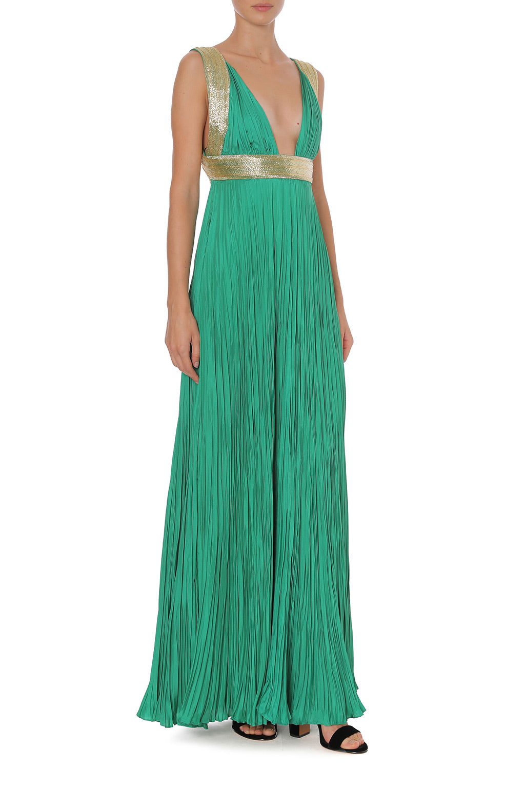 Long robe en soie avec broderies dorées - Bottle green