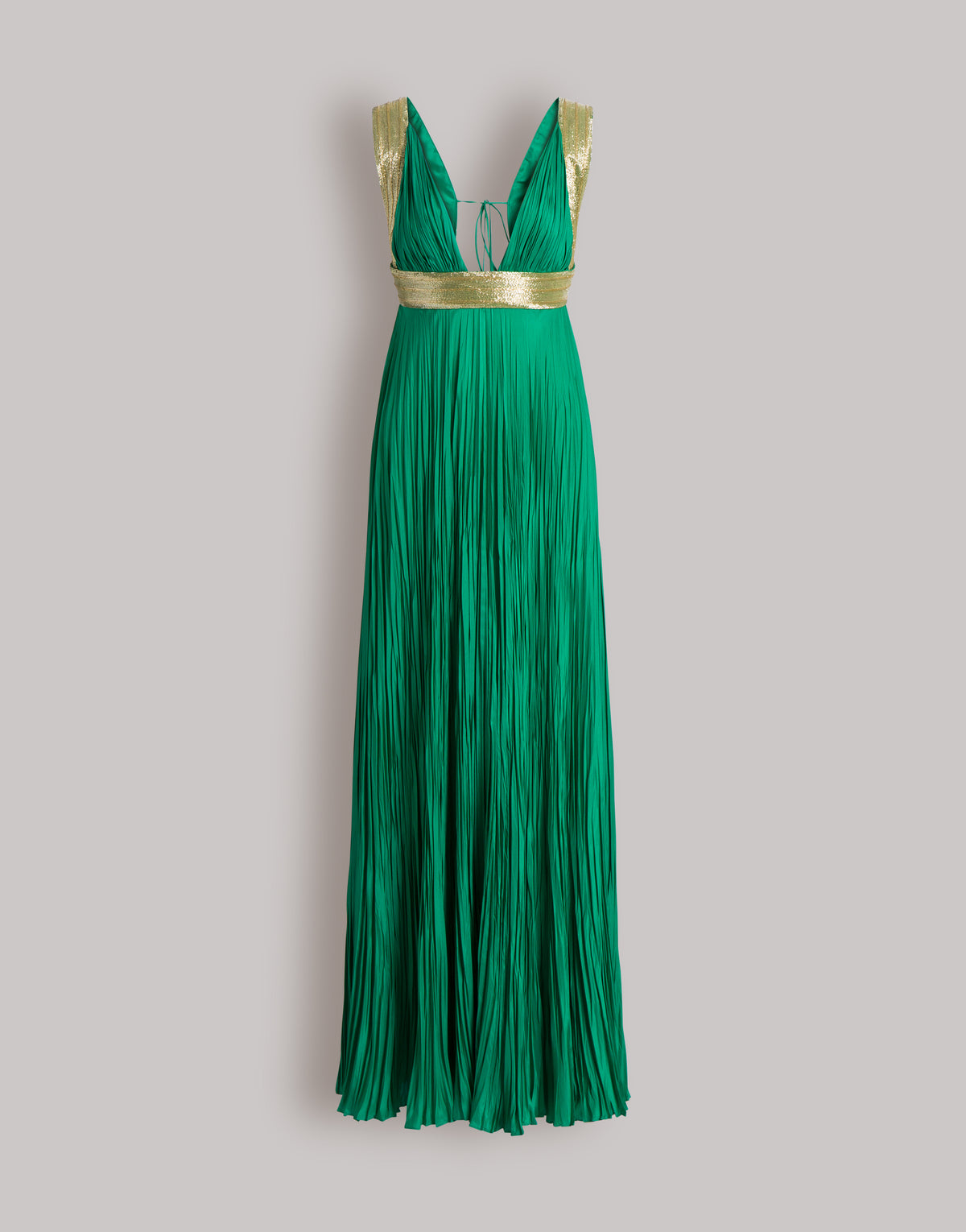 Long robe en soie avec broderies dorées - Bottle green