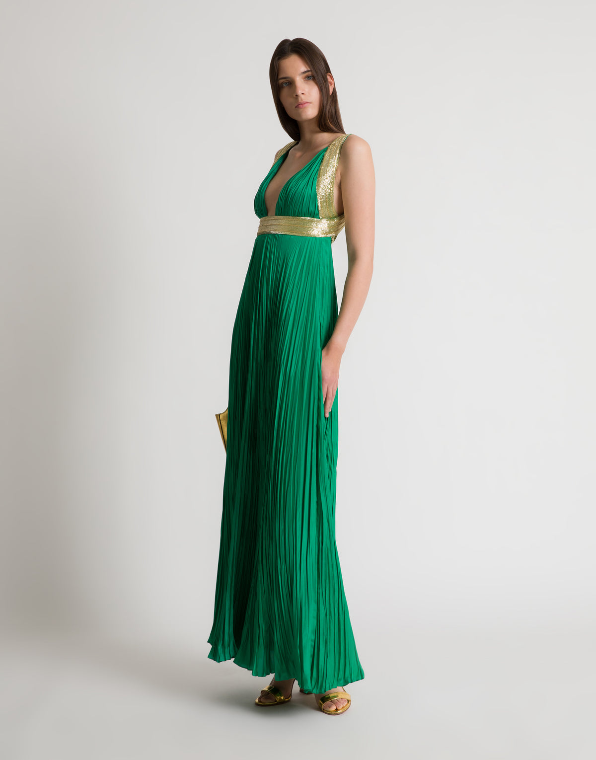 Long robe en soie avec broderies dorées - Bottle green
